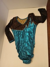 Dance Outfit Costume Sparkle Shiny Turquoise Black Stretchy Size 8/10 Girl USED