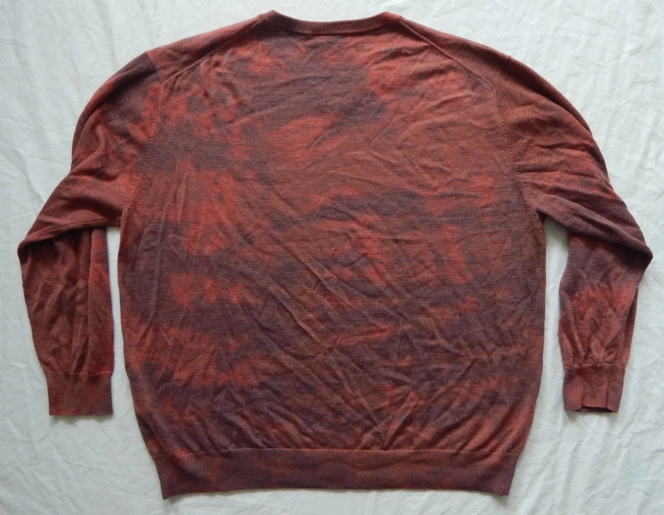 Tie Dye Merino Wool Orange Purple V-Neck Sweater - 2XB Mens Hand Made 2XL Big - Image 2 of 4
