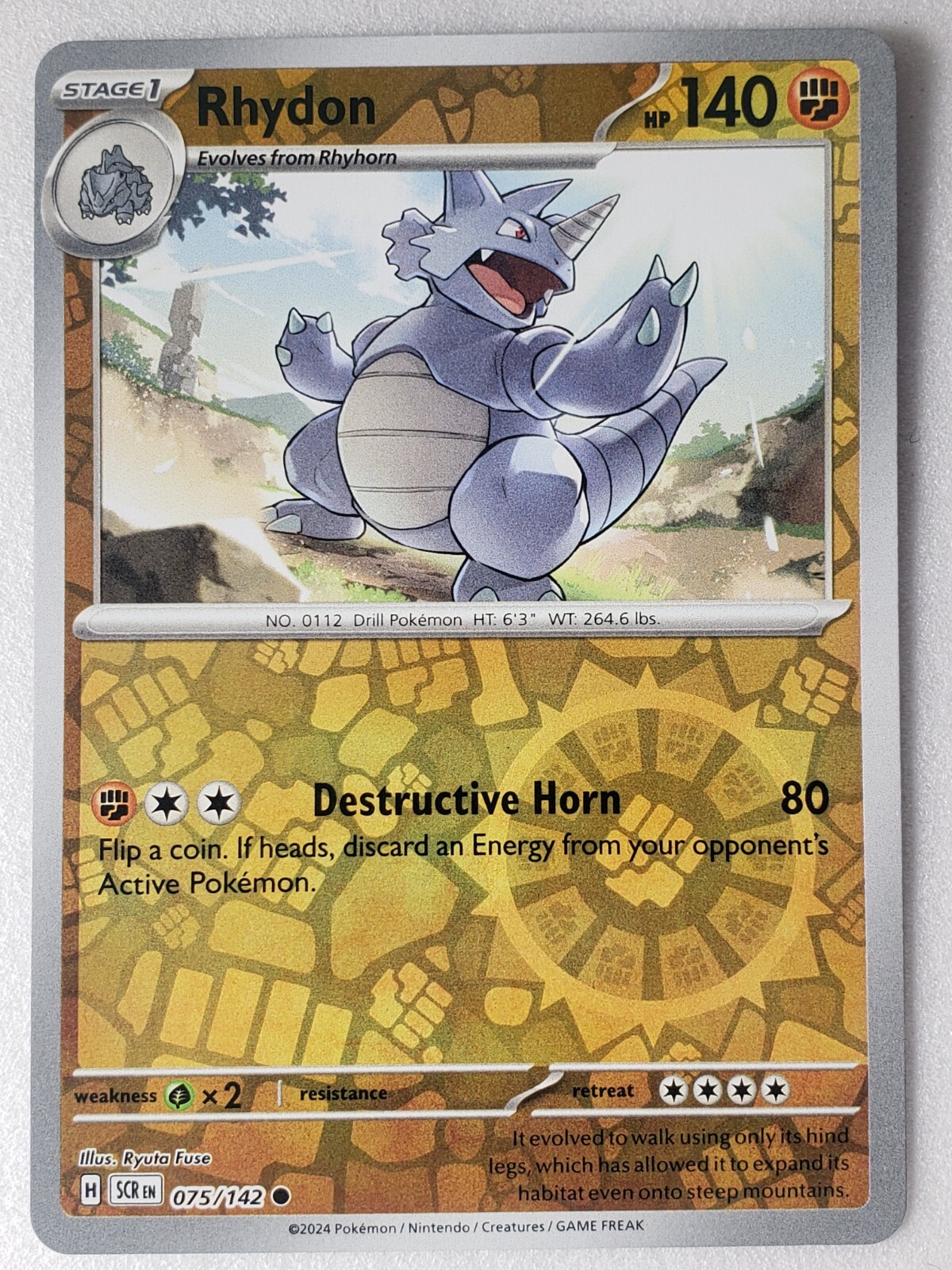 REVERSE HOLO Rhydon 075/142 NM / M - Stellar Crown Pokemon Card - Ryuta Fuse Art