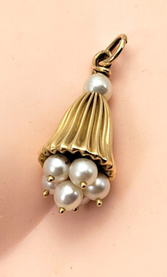14K Textured Three Dimensional Bell Charm Pendant Dangle Cluster Of Six Pearls