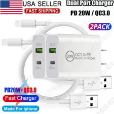 2 PACK Fast Wall Charger Block PD 20W QC 3.0 Power Adapter For iPhone 13 12 iPad