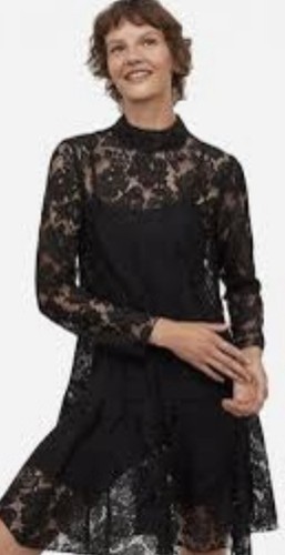 BNWT H&M Conscious Black Floral Lace Sheer Knee Length Skater Dress - Size S - Picture 7 of 8
