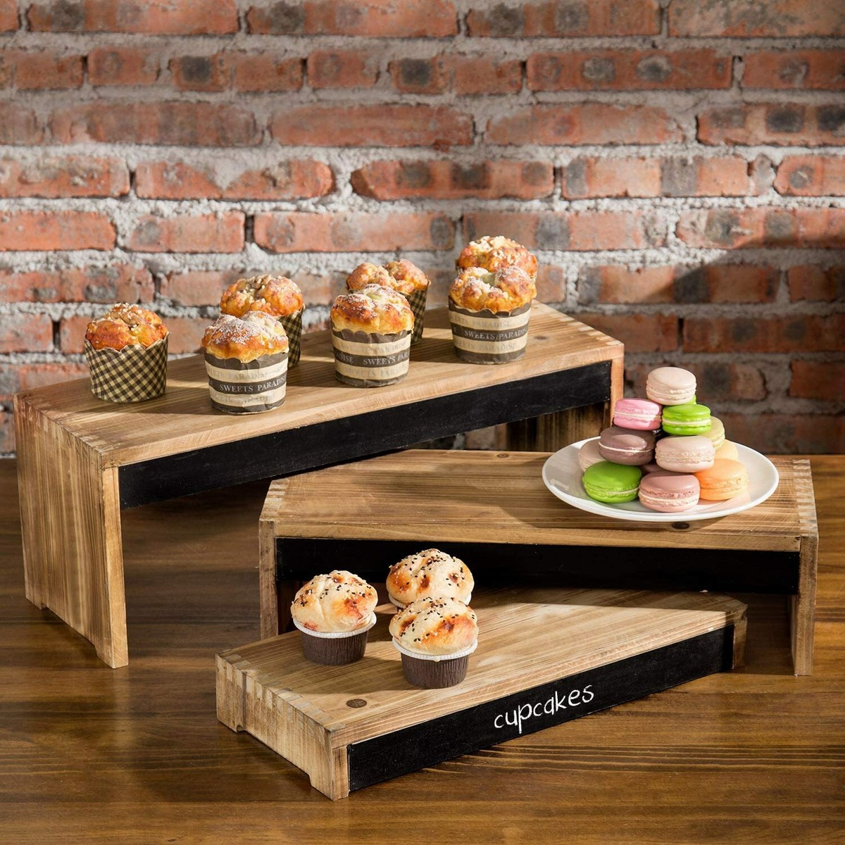 3-Tier Rustic Burnt Dark Brown Wood Dessert Display Riser Stands w  display picture 1