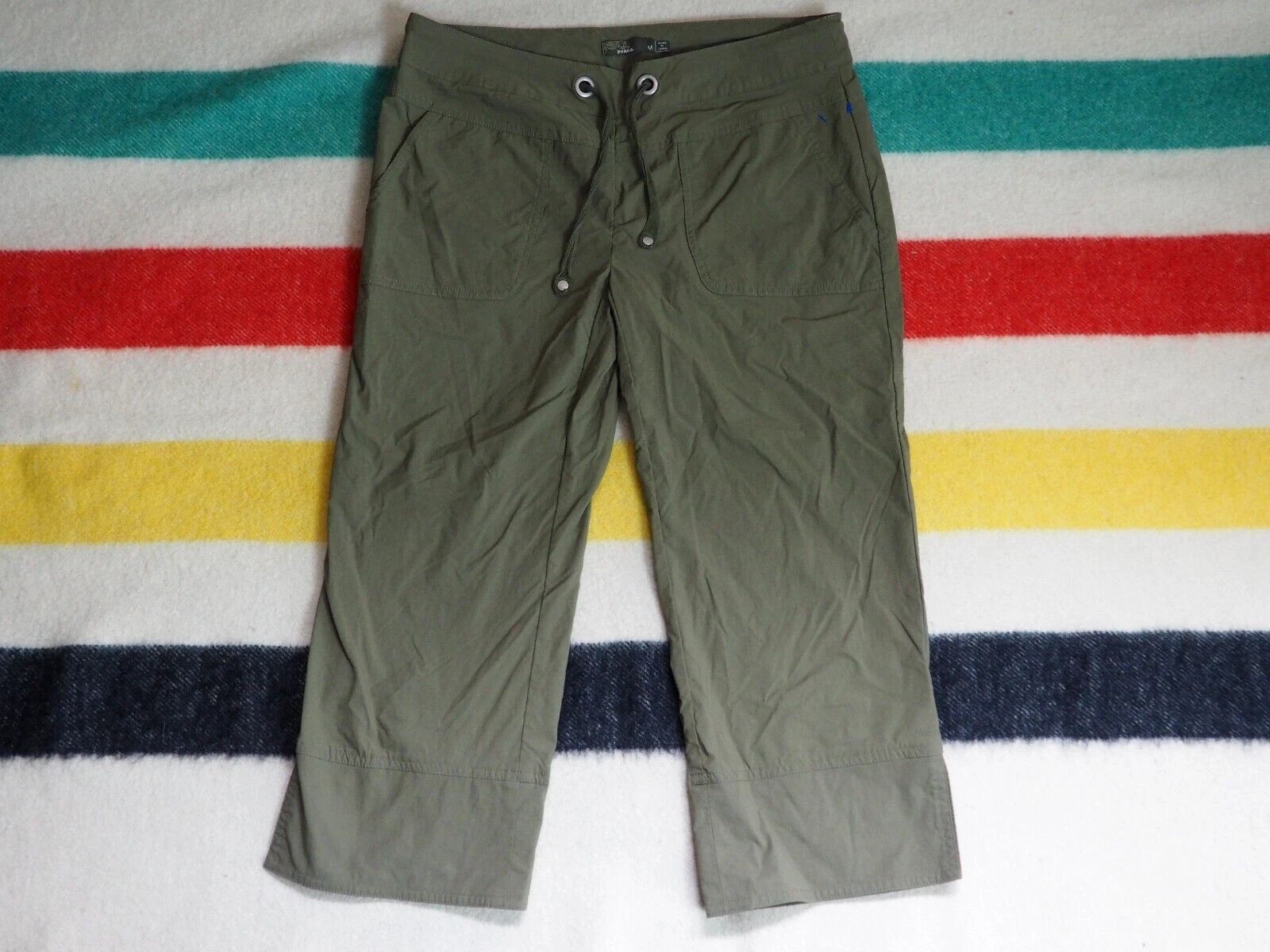 Prana Olive Green Stretch Outdoor Hiking 32W Logo Capri Pants Womens M EUC