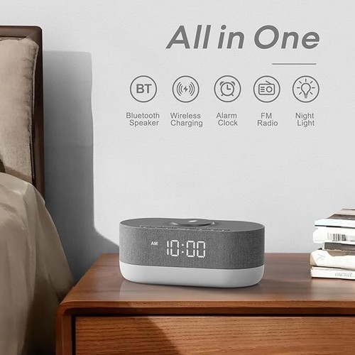 Bluetooth Speaker Alarm Clock Radio - Organize Your Bedside Space, Slate - Picture 5 of 7