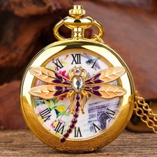 Charm Gold Dragonfly Half Cover Quartz Pocket Watch Chain Gifts for Men Women