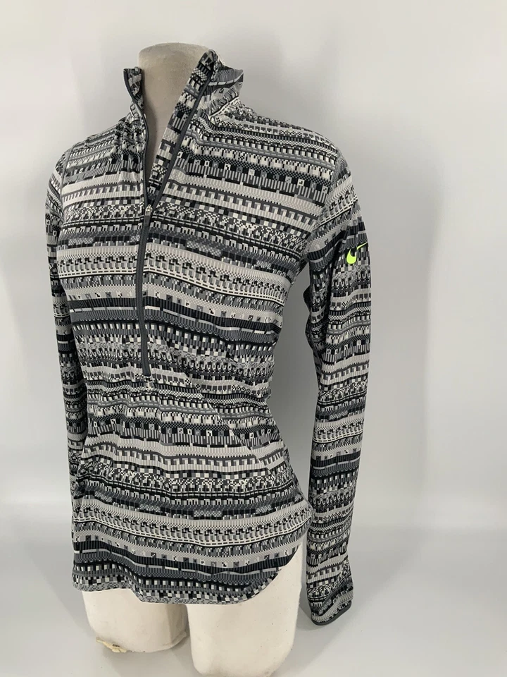 Pullover para correr Nike Pro M para mujer gris a rayas 1/2 cremallera poli spandex YGI K2-286 Foto 2 de 4