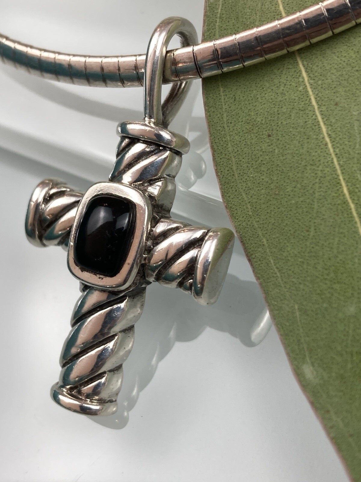 Sterling 925 Solid Silver Black Onyx Cabochon Cro… - image 2