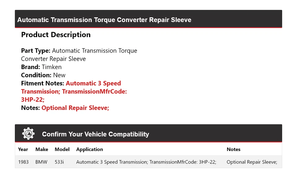 Para BMW 533i 1983 Transmisión automática Convertidor de par Manguito de reparación Timken Foto 2 de 4