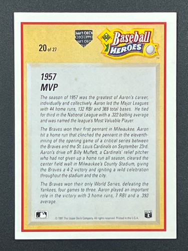 HANK AARON 1991 Upper Deck Baseball Heroes #20 Milwaukee Braves HOF - Picture 2 of 2