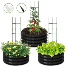 NAIZEA 3 Pcs 24x24x12inch Galvanized Raised Garden Bed with Tomato Cage Black