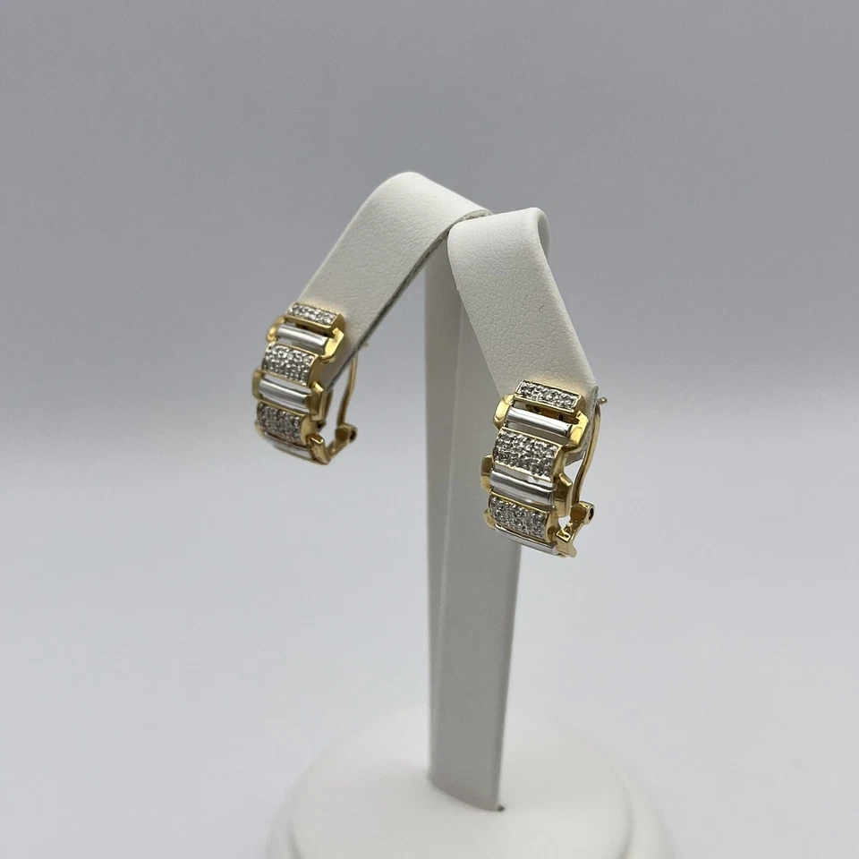 14k Two-Tone Gold Diamond 0.25 CTW Omega Back J-Hoop Earrings 6.4 grams - Image 3 of 4