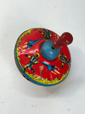 Vintage Ohio Art Tin Litho Space Top 1960s Astronaut Rocket Wooden Handle Works