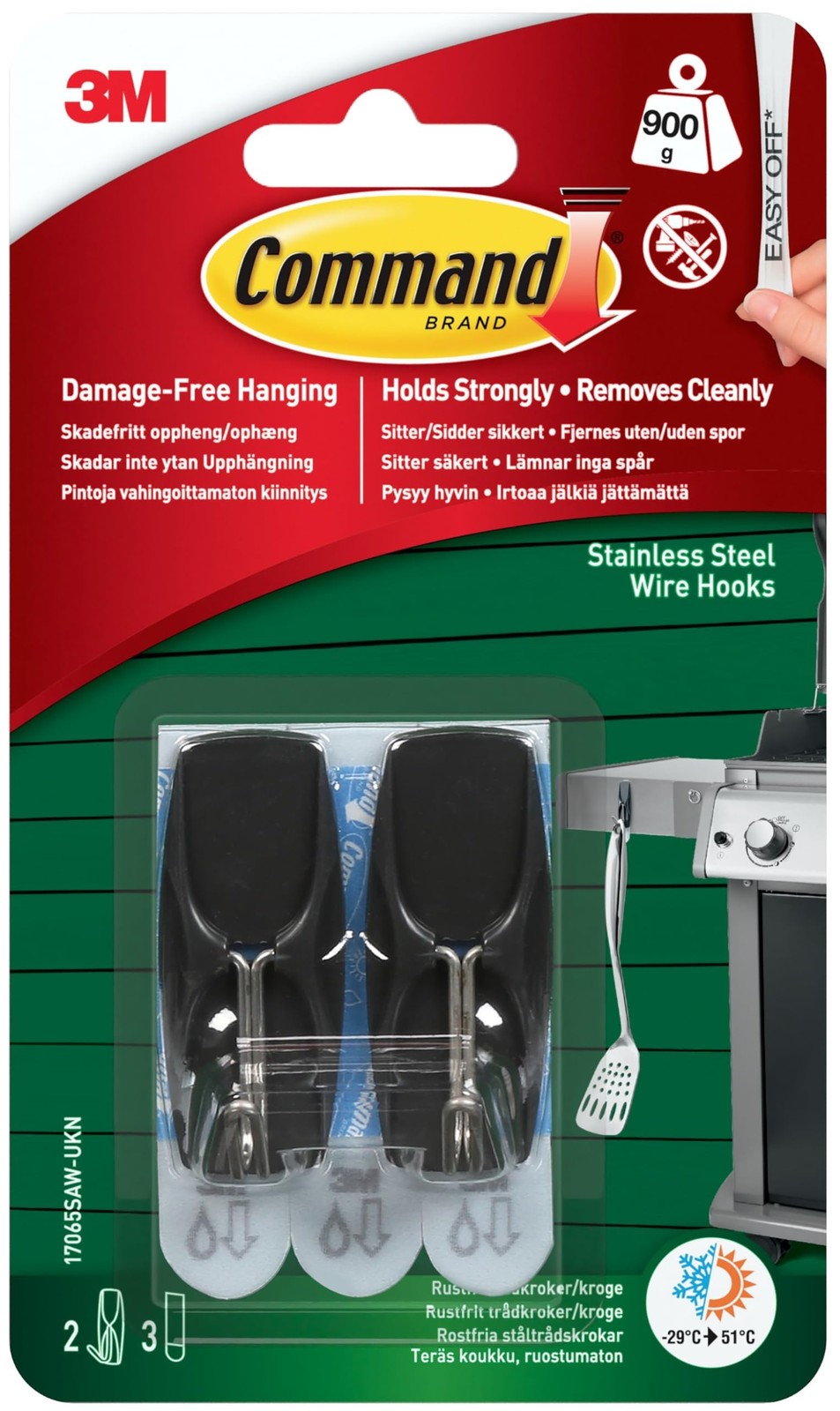 Command Outdoor Black Stainless Steel Wire Hooks - 2 Hooks, 3 Adhesive Strips -
