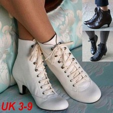 Womens Gothic Kitten Heel Ankle Boots Ladies Vintage Lace Up Booties Shoes Size@