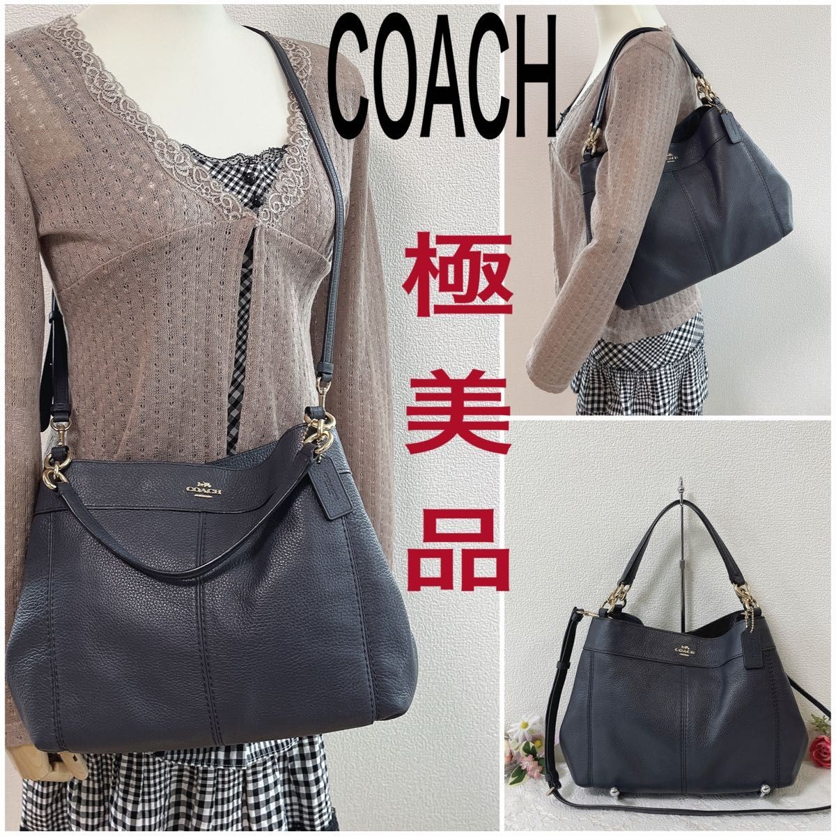COACH Navy Leather 2WAY Tote Shoulder Bag Crossbody Handbag