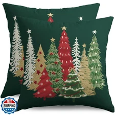 Christmas Pillow Covers 24x24 Set of 2, Forest Green Xmas Tree Pattern