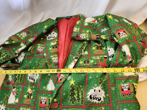 Men's Abominable Snowman Elf Cats Ugly Christmas Party Green Blazer Size XL EUC - Picture 8 of 12
