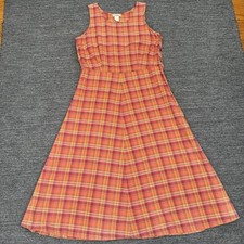 Vintage LL Bean Dress Women 16 Orange Plaid Cotton Maxi Modest Trad Wife Farm