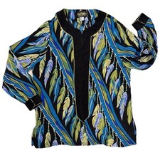 Bob Mackie Wearable Art Silk Blouse Women  s L Tropical Feather Print 1/2 Button