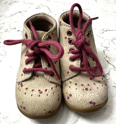 Vertbaudet Pram Boots Girls' Toddler Size 4 EU19 Beige and Pink Cherries
