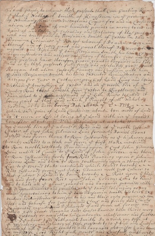1732, Exeter New Hampshire, Nathaniel Smith land sale, Judge Nich. Gilman signed