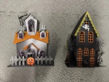 Two Tin Metal Halloween Votive  Tea Light Spooky Houses 12 Inches