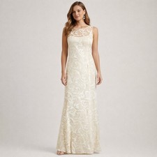Lauren Ralph Lauren Formal Gown Women 6 Ivory Illusion Scroll Maxi Elegant Gala