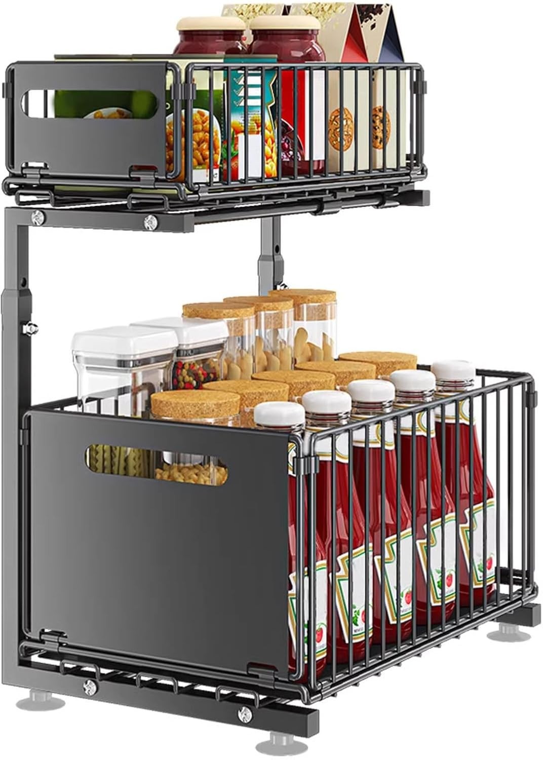 2-Tier Pull Out Under Sink Organizer Adjustable Mesh Drawer Cabinet Storage Rack