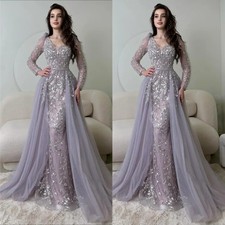 Sparkling Beaded Applique Evening Dress with Tulle Train V Neck Long Sleeves