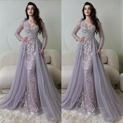 Sparkling Beaded Applique Evening Dress with Tulle Train V Neck Long Sleeves
