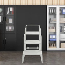 Mobile 3-Tier Step Stool for Warehouse, PU/Steel, 350kg Load, 15mm Thick, White