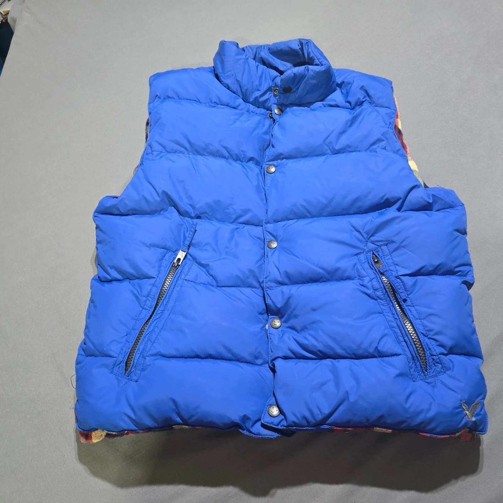 American Eagle Puffer Vest Mens Large Blue Down Feather Plaid Lined