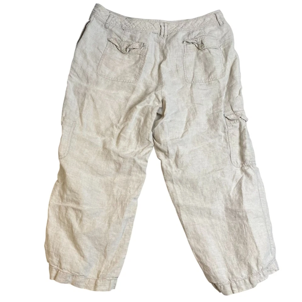Liz Claiborne Women's Cargo Pants Size 16 Beige 100% Linen Casual Wide Leg Crop - Image 2 of 4