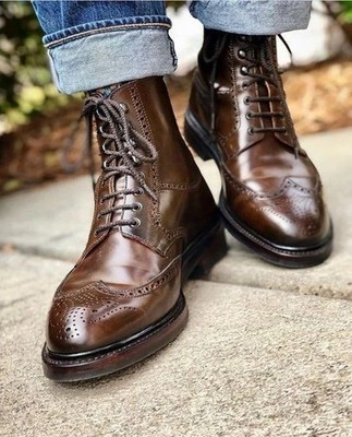 New Handmade Men's Brown Leather Wingtip Derby High Ankle Formal Casual Boots