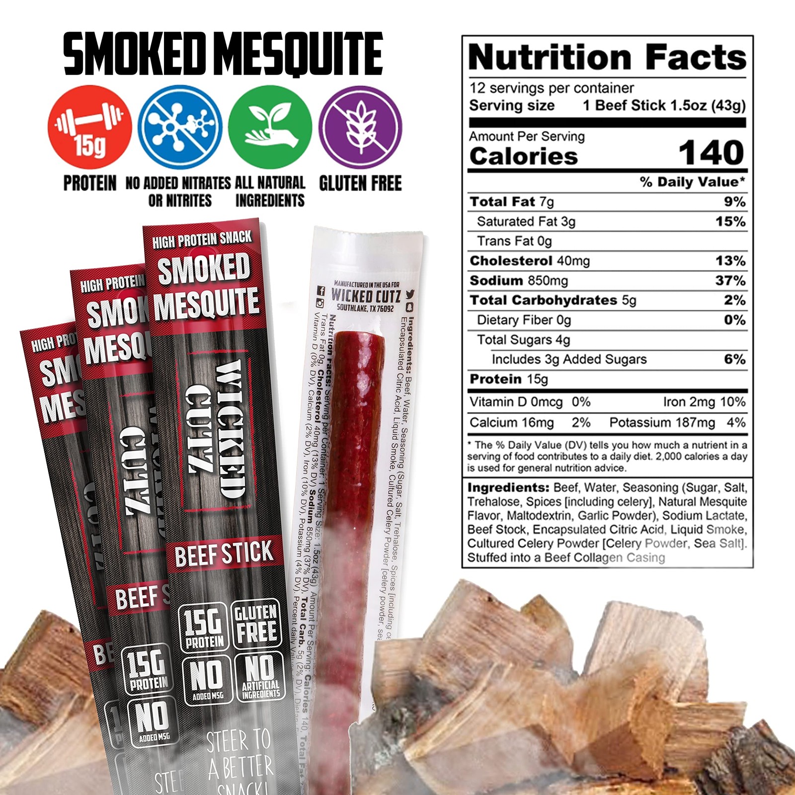 Wicked Cutz Beef Sticks Variety Pack, 4 Flavors & 15g Protein Per Meat Stick