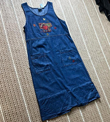 Vintage Women L Blue Denim Maxi Dress Cottage Core Autumn Fall Embroidered