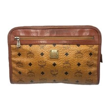 Vintage MCM Cognac Visetos Clutch Bag Brown Leather Logo Pouch Handbag Authentic