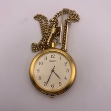 Seiko 7N01-0KK0 Gold Quartz Pocket Watch with Chain, Elegant, New
