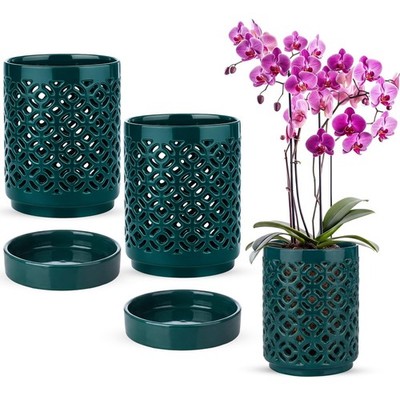 2 Pack 4 Inch Orchid Pots with Holes and Saucers, Ceramic Orchid Pot for Repo...