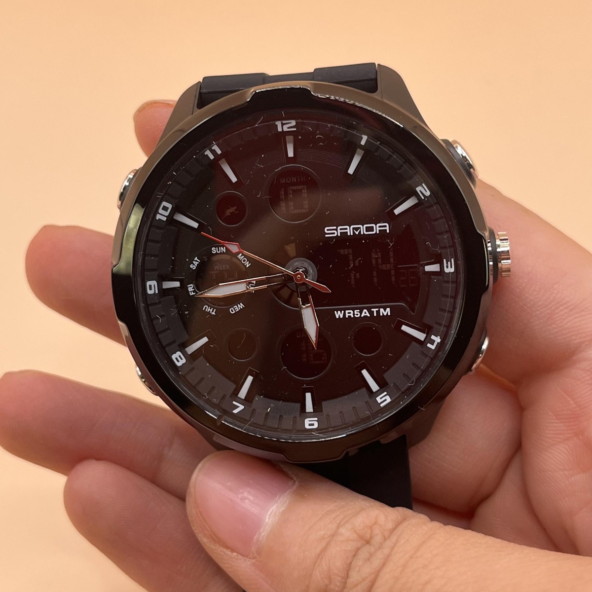 SAMDA 9053 Watch Mens Black Analog Digital Dual Display WR 5ATM