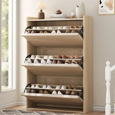 Shoe Cabinet with 3 Flip Drawers Wooden Shoe Organizer with Adjustable Shelf USA