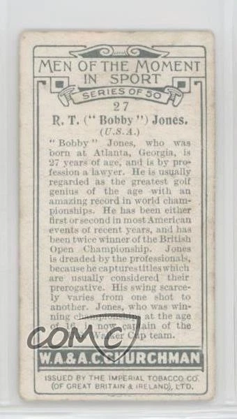 1928 Churchman's Men of the Moment in Sport Tobacco Small Bobby Jones #27 - Image 2 of 2