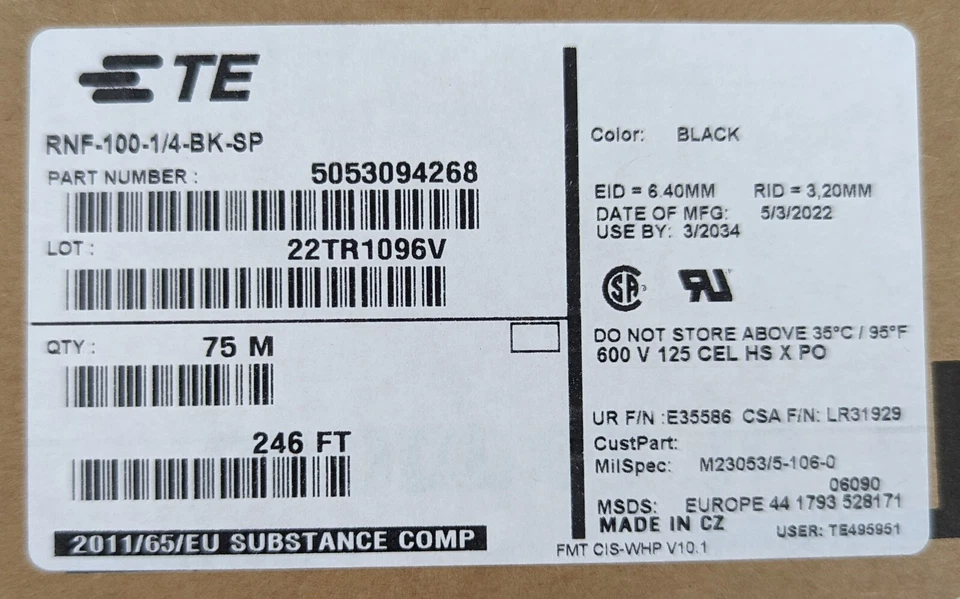 Tubo termorretráctil 75M 246 ft RNF-100-1/4-BK-SP carrete de poliolefina negro 1/4 pulgada 2:1 Foto 3 de 4
