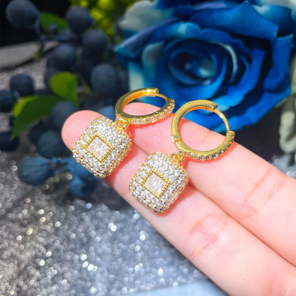 Luxury Dubai Yellow Gold Plated Pave CZ Square Dangle Charm Huggie
