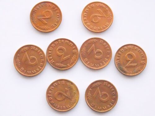 GERMAN Lot 8x 2 REICHSPFENNIG 1937 - 1939 SWASTIKA Coin 3RD REICH WW2 Pfennig Rp - Picture 5 of 5