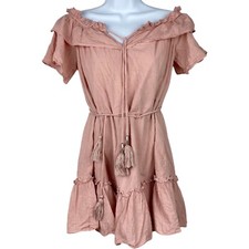 Anthropologie Babydoll Dress Medium Pink Dot Off Shoulder Tassel Ruffle Tiered