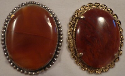 VINTAGE OVAL PENDANT x2 SMOOTH DARK SEMI TRANSLUCENT BROWN STONE METAL SETTING