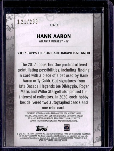 Topps Hank Aaron Through the Years 2017 Tier One Bat Knob reimpresión automática/299 2021 - Imagen 2 de 2