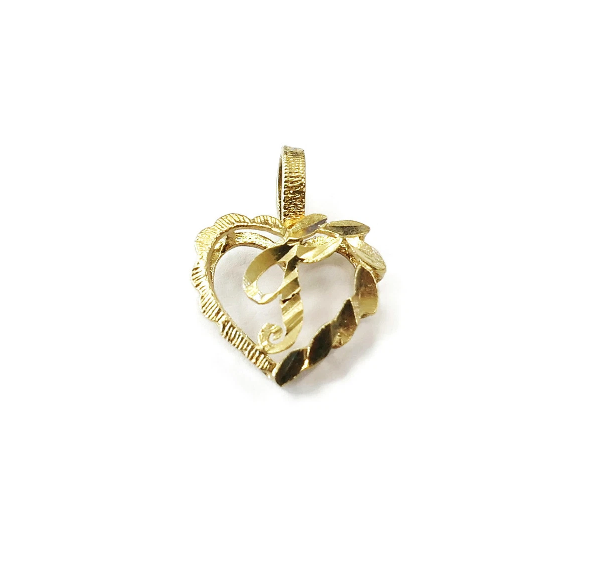 10K Yellow Gold Heart Script Initial Letter T Necklace Charm